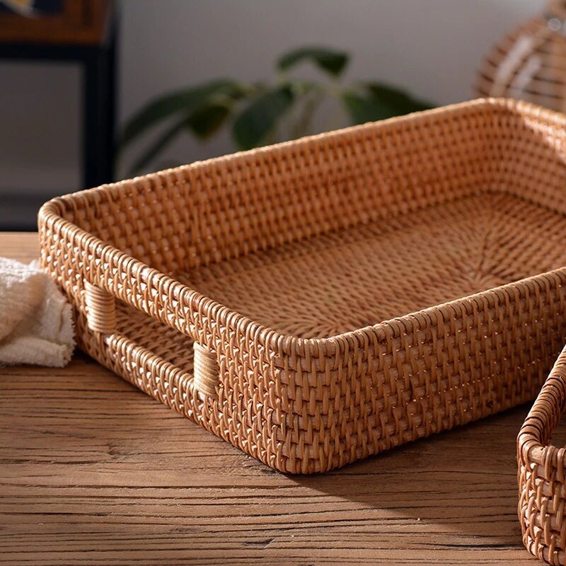 Hand-woven Rattan Basket With Handle Eco Friendly Products Kitchen Organizer Vegetable Fruit Home Organization And Storage