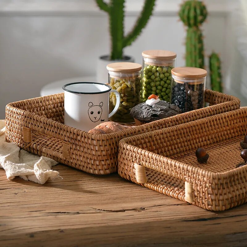 Hand-woven Rattan Basket With Handle Eco Friendly Products Kitchen Organizer Vegetable Fruit Home Organization And Storage