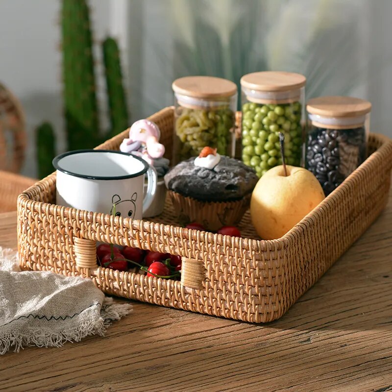 Hand-woven Rattan Basket With Handle Eco Friendly Products Kitchen Organizer Vegetable Fruit Home Organization And Storage