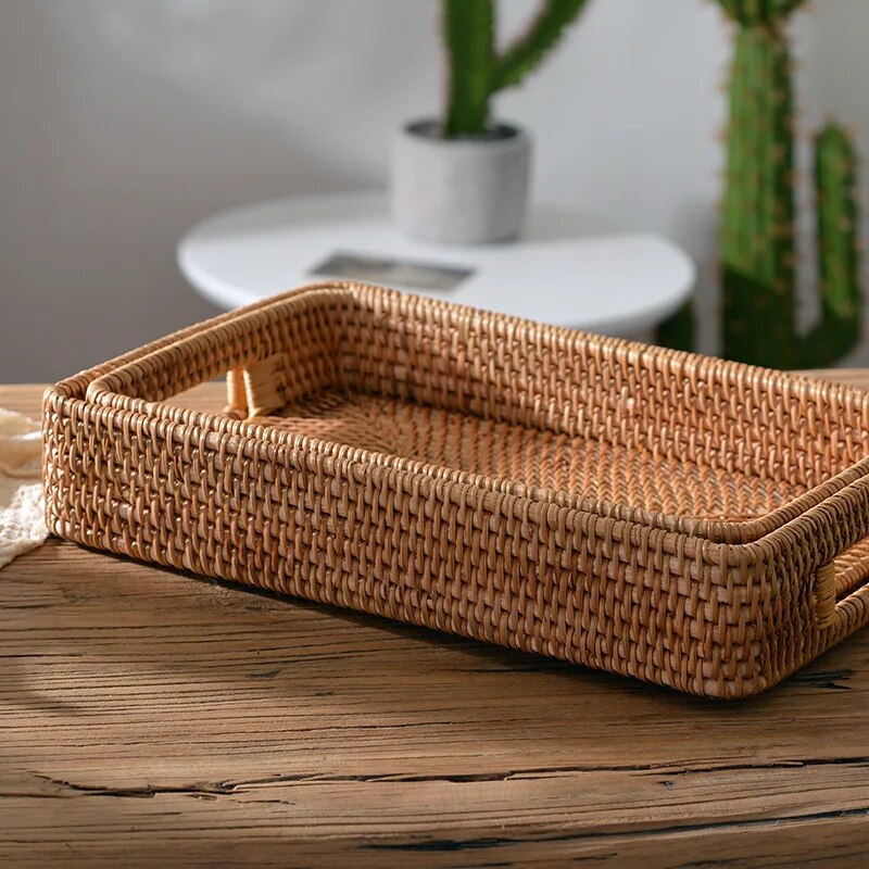 Hand-woven Rattan Basket With Handle Eco Friendly Products Kitchen Organizer Vegetable Fruit Home Organization And Storage