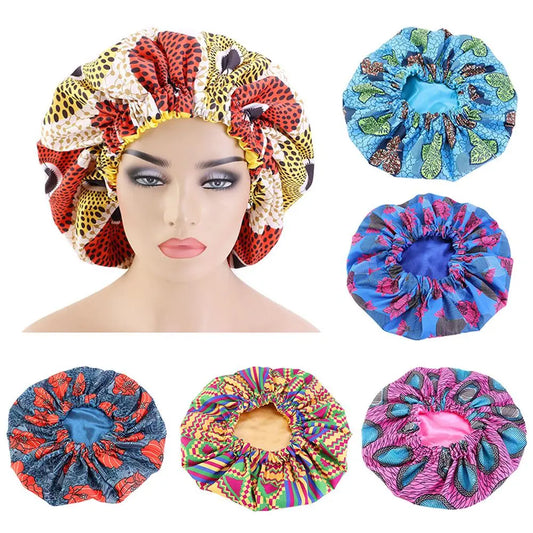 Women African Floral Print Satin Night Sleep Bonnet Hat Hair Care Cap Head Wrap Large Head Wear Ladies Headwrap Hair Care Hat