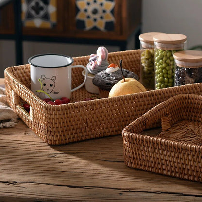 Hand-woven Rattan Basket With Handle Eco Friendly Products Kitchen Organizer Vegetable Fruit Home Organization And Storage